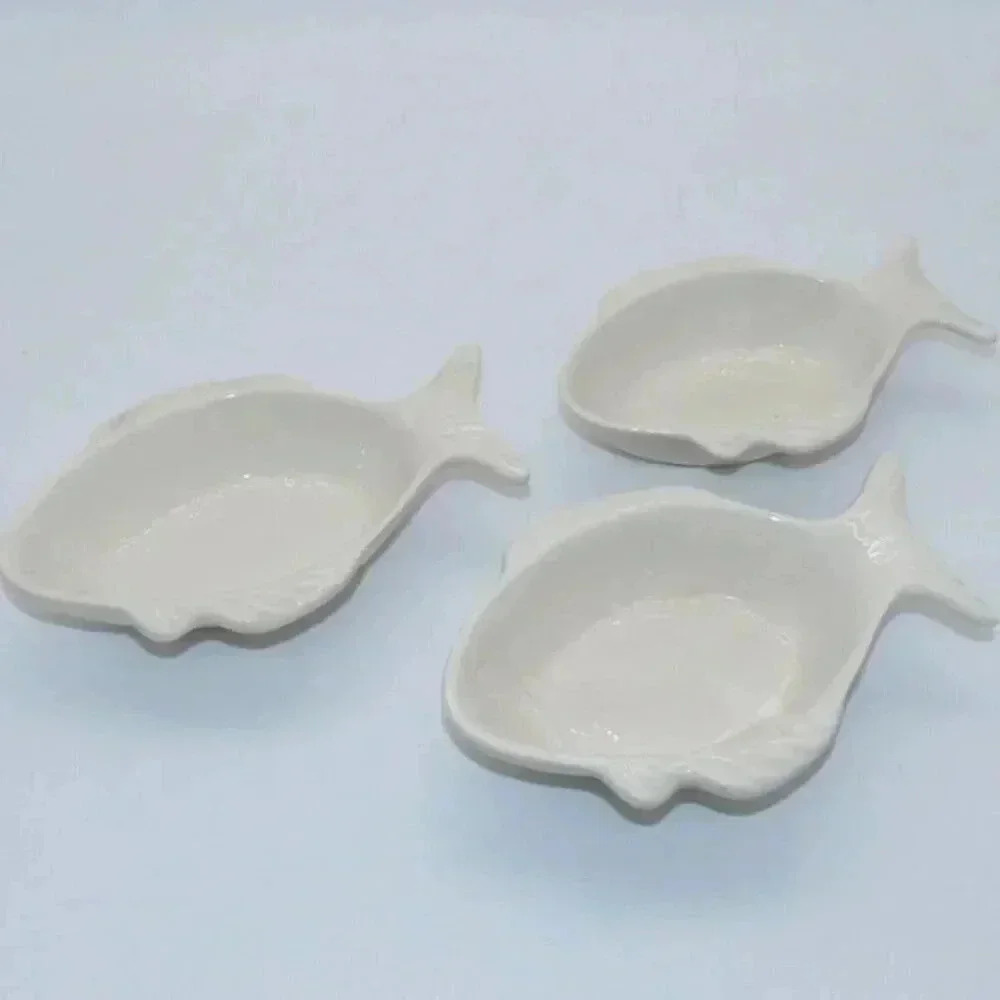 California Pottery USA 874 White Fish Seafood Soup Bowls Set of 3 Vintage 1960s